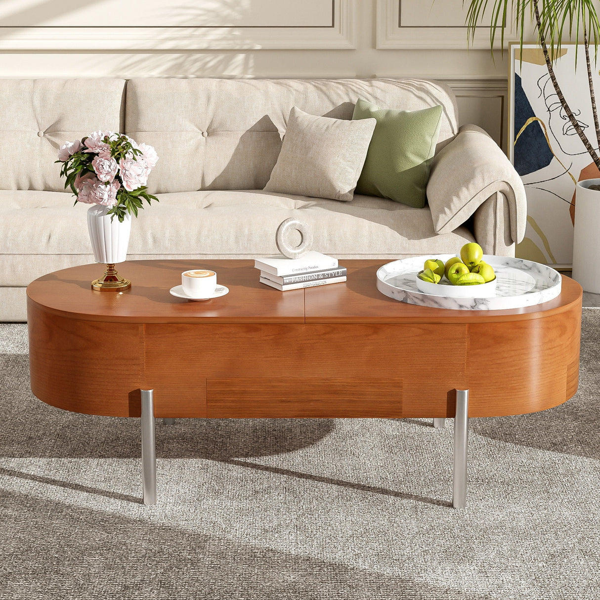 Lift Top Coffee Table with 360 Degree Marble Patterned Rotating Tray