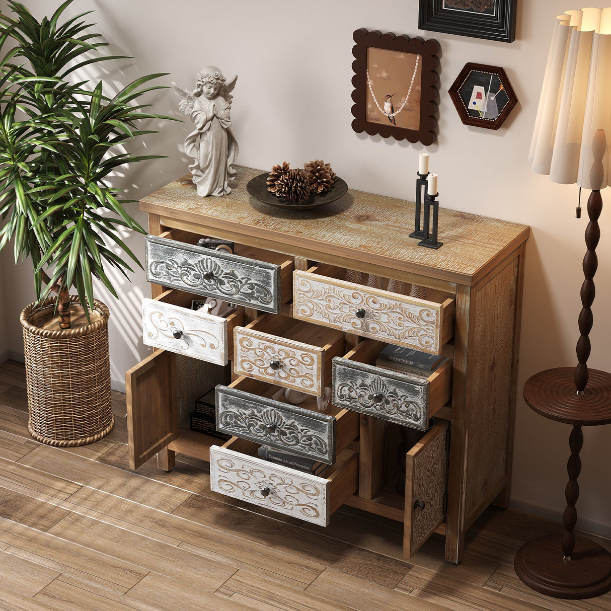 Vintage Wooden Accent Chest with 7 Drawers & 2 Cabinets