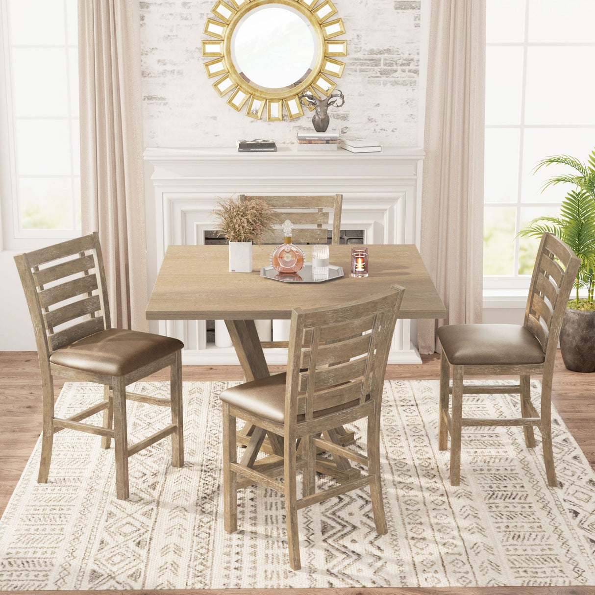 5 Pieces Set Counter Table Set Square Counter Table Solid Wood Modern Farmhouse Rustic Look Distressed Look - Grayish Brown