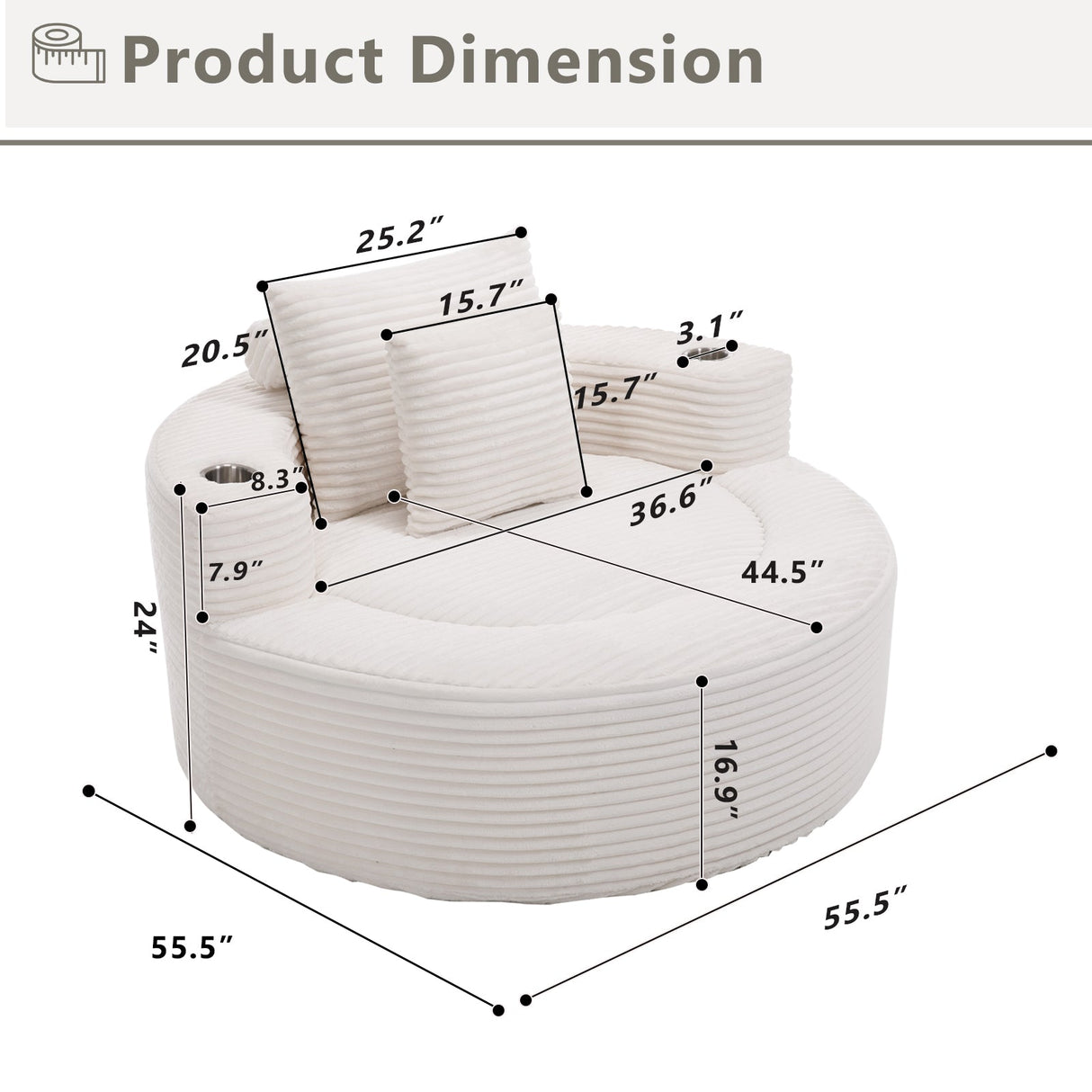 Round Sofa Bed with Memory Foam Sectional Couches for Living Room