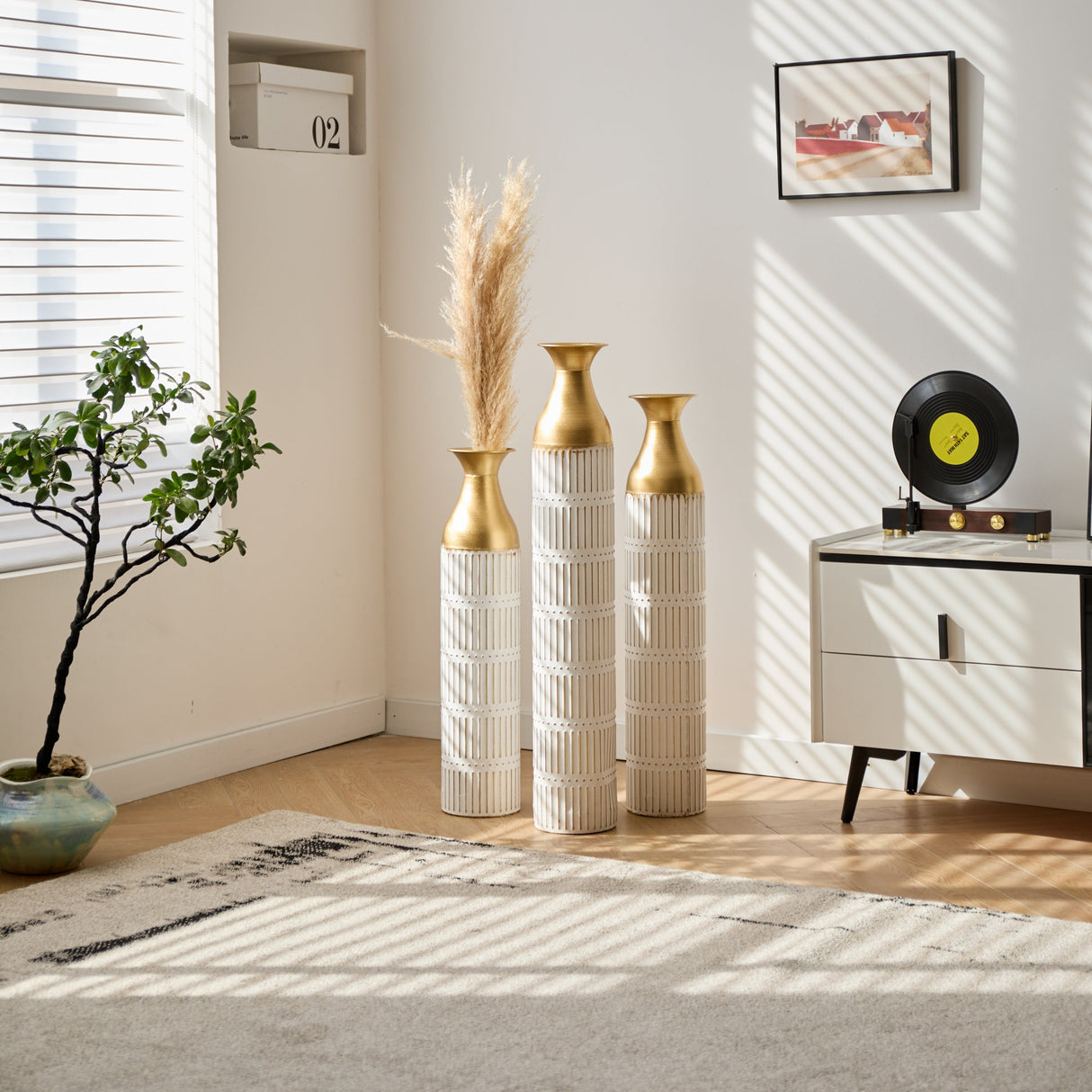 Floor Metal Vases Set of 3 - White with Gold Accents
