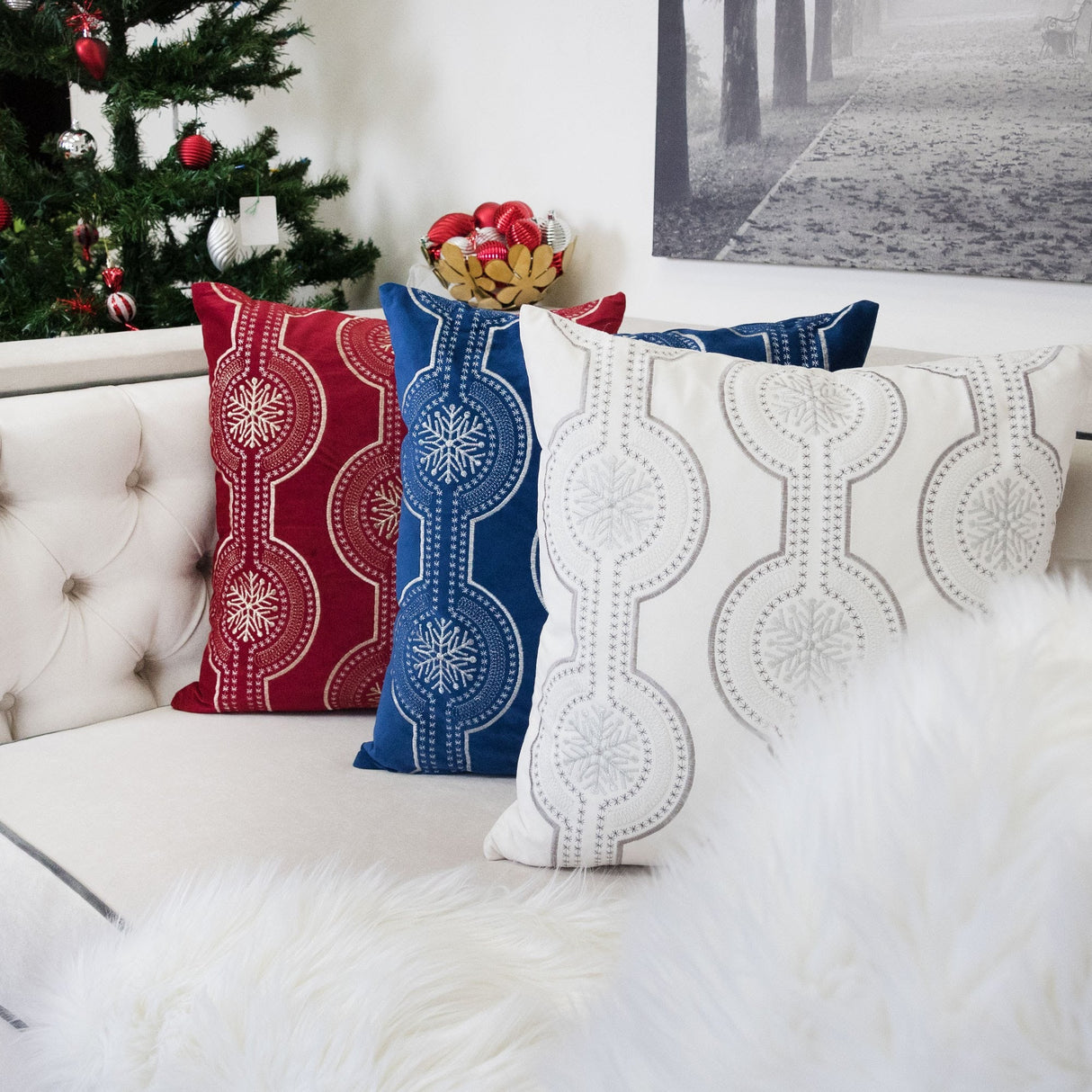 White Holiday Embroidered Velvet Throw Pillow with Insert 20x20 Set of 2