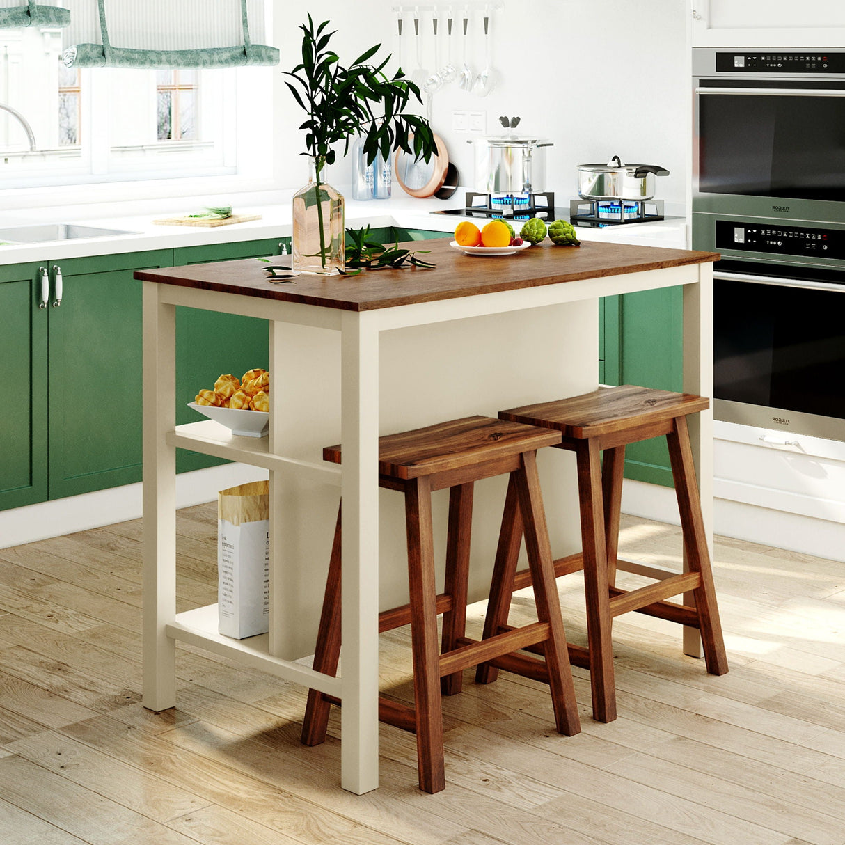 Rustic 3 Piece Stationary Kitchen Island Set With 2 Seatings, With 2 Open Shelves