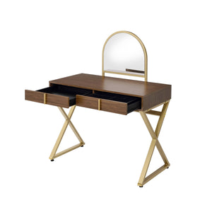 Walnut Vanity Desk with Mirror & Jewelry Tray - Gold Finish