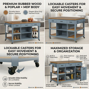 52" Kitchen Island Cart with Rubber Wood Top