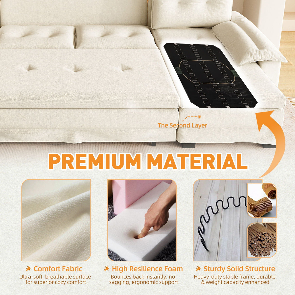U-Shaped Sleeper Sofa With Pull Out Bed, Removable Armrests & USB Ports For Living Room