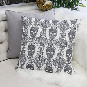 Gothic Damask Skull Throw Pillow Cover with Hidden Zipper - Black & White Cotton Linen