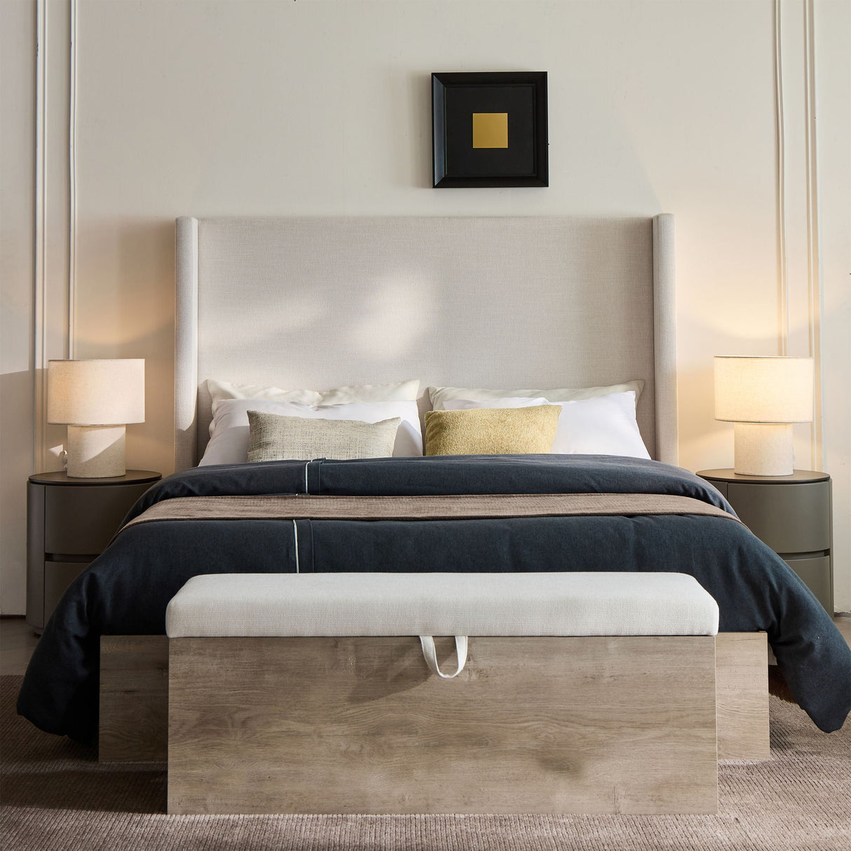 Shelton - Queen Upholstered Wingback Bed With 54" High Headboard - Ivory / Light Gray / Camel Oak