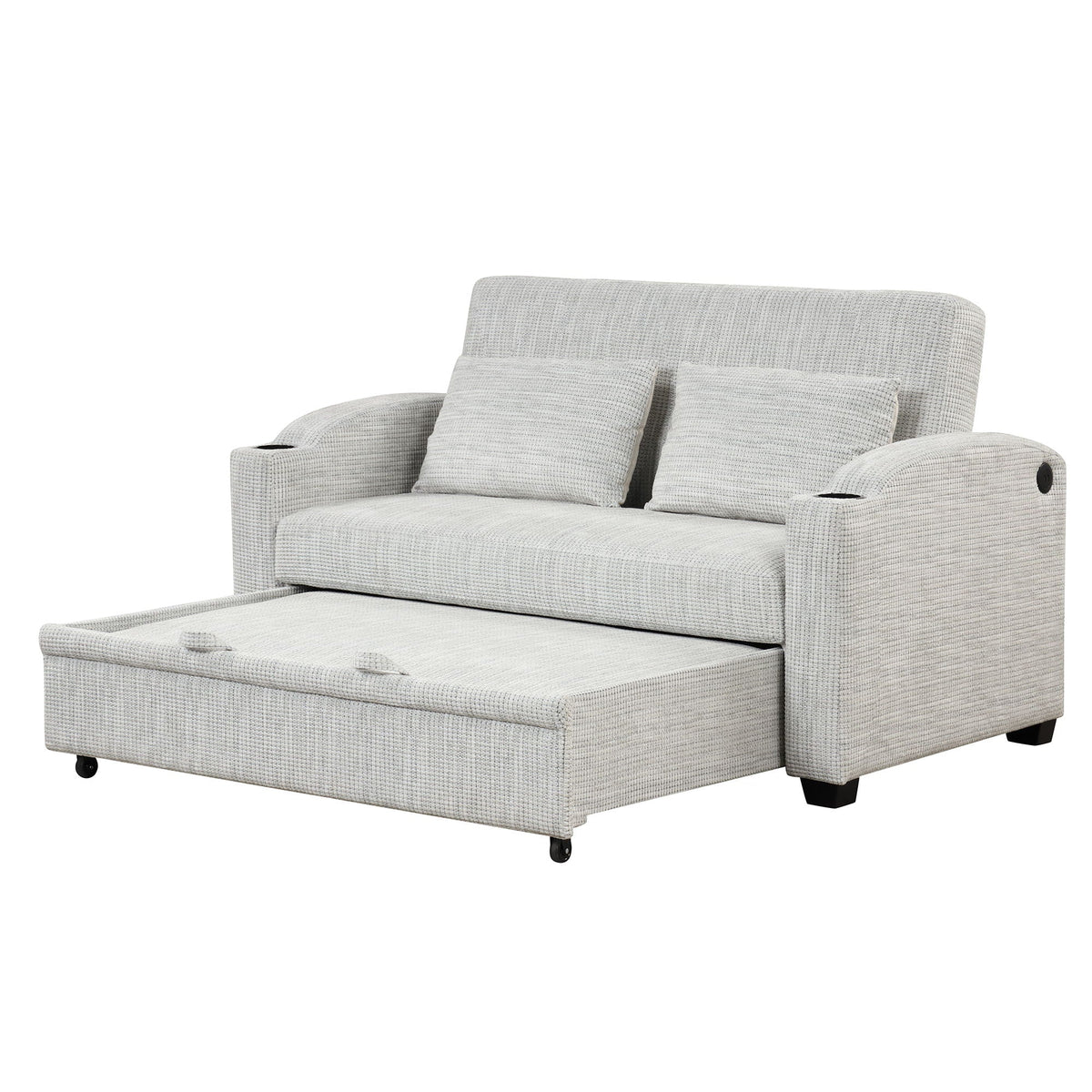 Pull Out Loveseat Sofa With Adjsutable Backrest, 2 Pillows, Cup Holders, USB Ports For Living Room