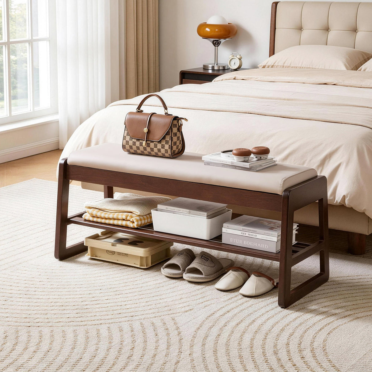 Wood Shoe Storage Bench with Premium Vegan Leather Seat