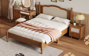 Queen Size Wooden Platform Bed with Natural Rattan Headboard