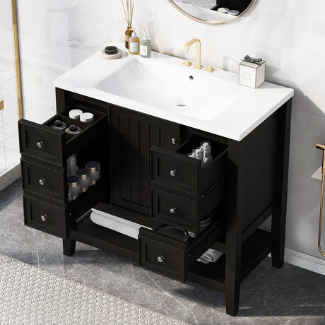 36" Black Bathroom Vanity with Ceramic Sink and Open Shelf