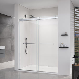 56-60*76 INCH Double Sliding Frameless Soft-Close Shower Door with Premium (8mm)Thick Tampered Glass and Easy-Cleaning Coating In --Brushed Nickel