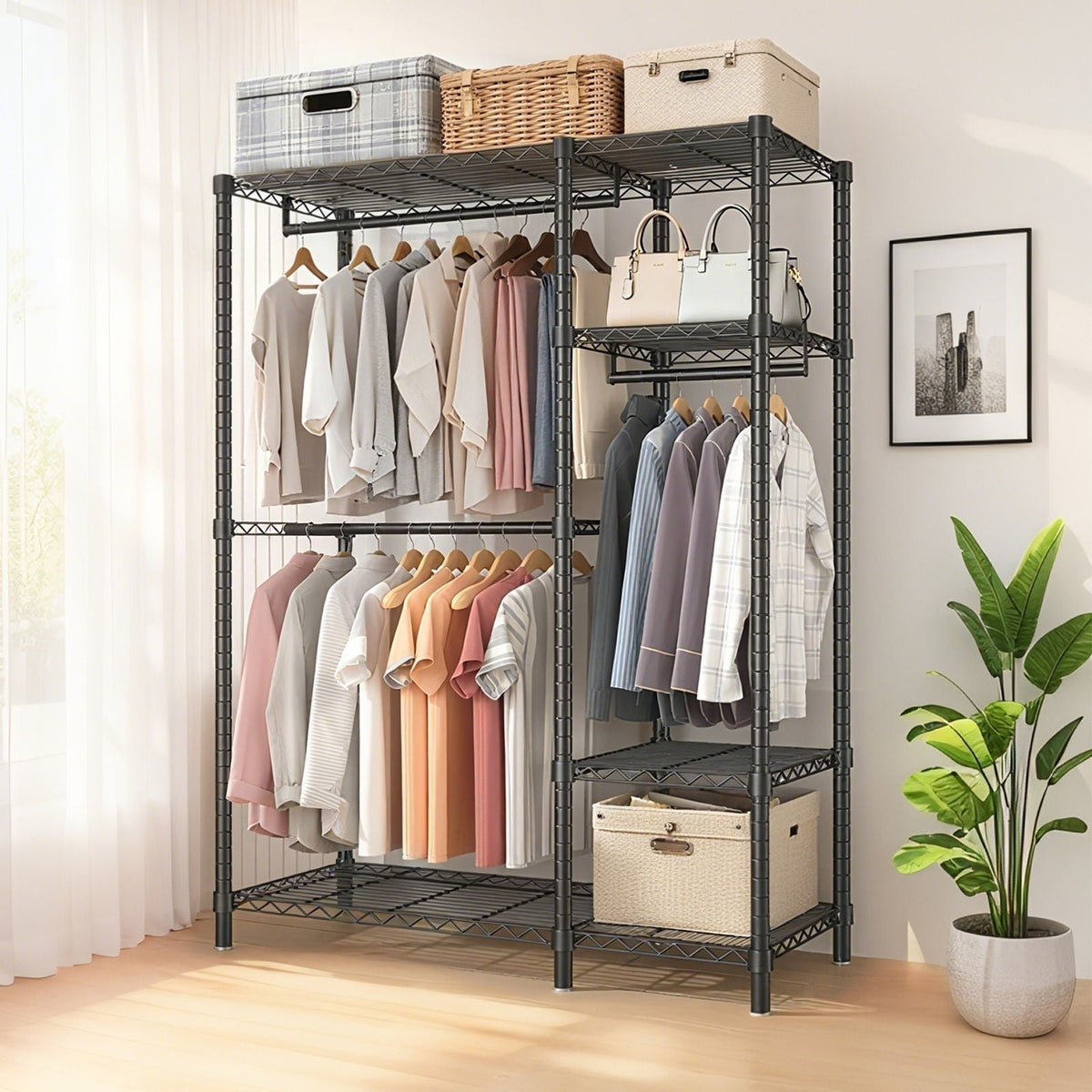 Freestanding Clothes Rack, With 6 Adjustable Wire Shelves And 3 Garmen ...