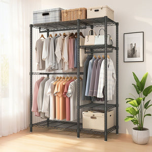 Freestanding Clothes Rack with Adjustable Shelves and 3 Garment Rails - Black