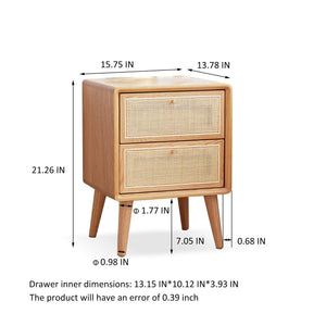 Pure Solid Wood Bedside Cabinet with Rattan Detail - Natural Wood
