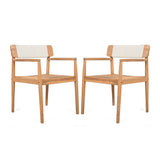 Creative Braided Acacia Wood Outdoor Dining Chairs with Armrests, Teak Look & White Rope, Set of 2