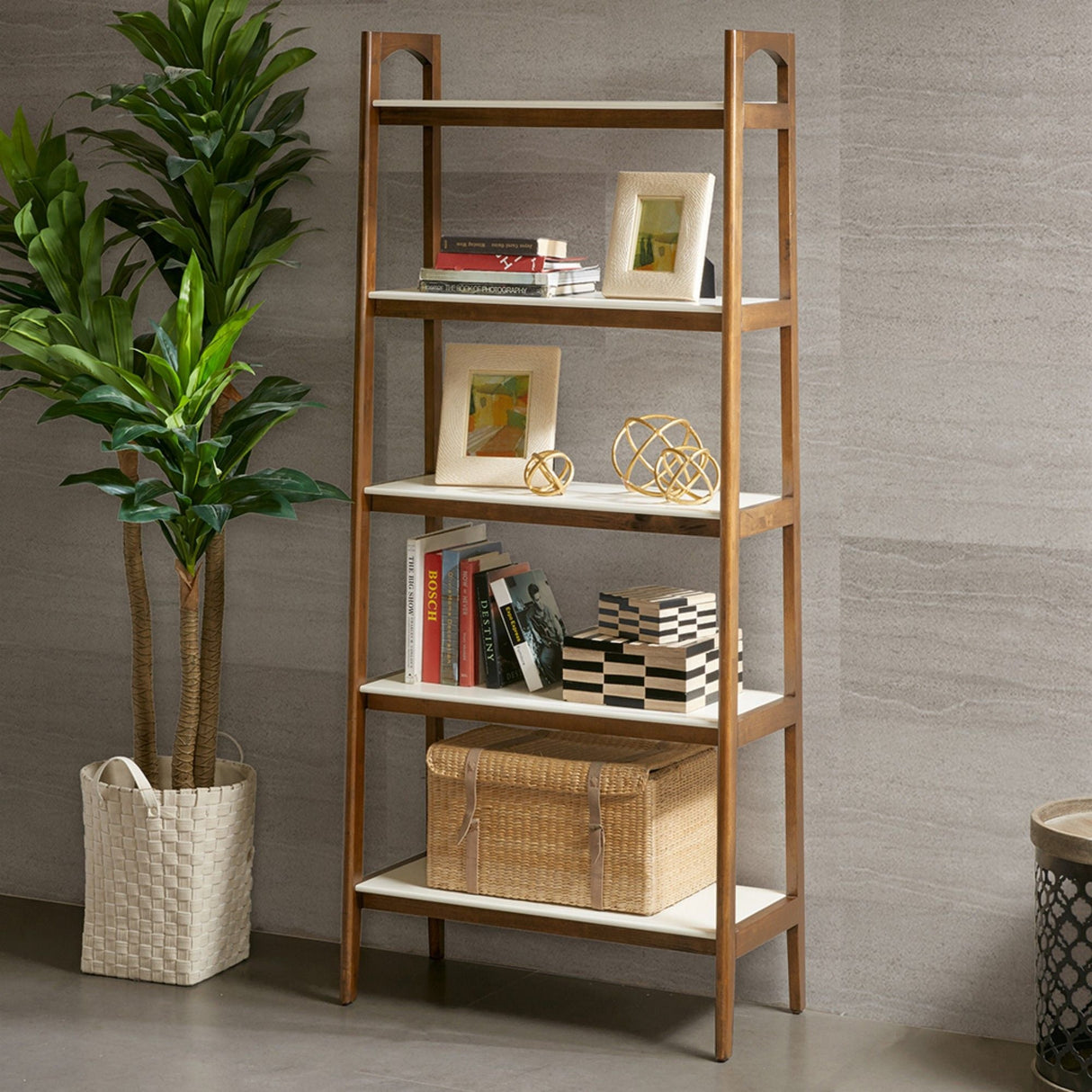 Mid - Century Design 5 Shelf Bookcase - Off White / Pecan
