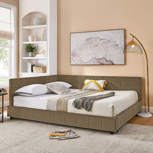 Mid-Century Storage Upholstered Tufted Bed Frame with Backrest and Armrests