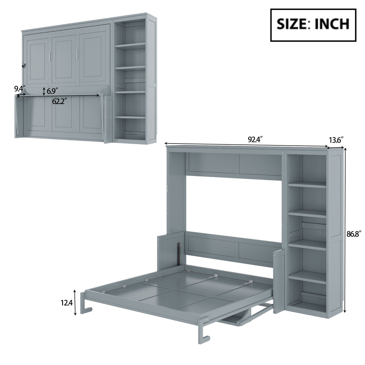 Murphy Bed with Desk and Bookshelf - Solid Pine, Full & Queen Sizes