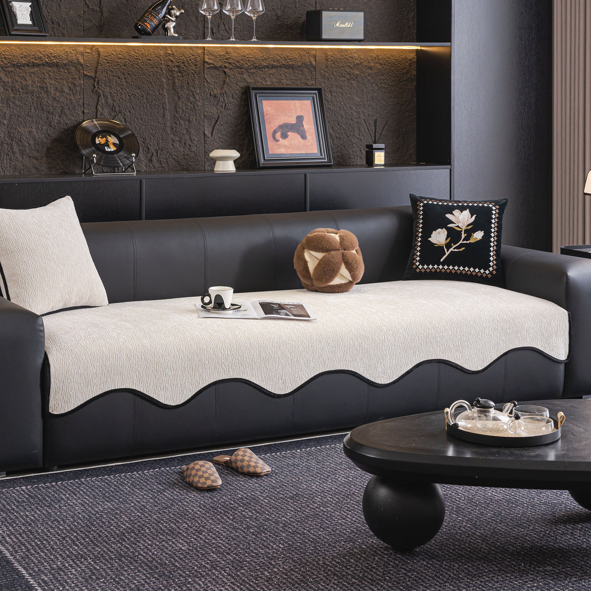 Chenille Couch Cover with Scalloped Edge, Non-Slip Modular Slipcover