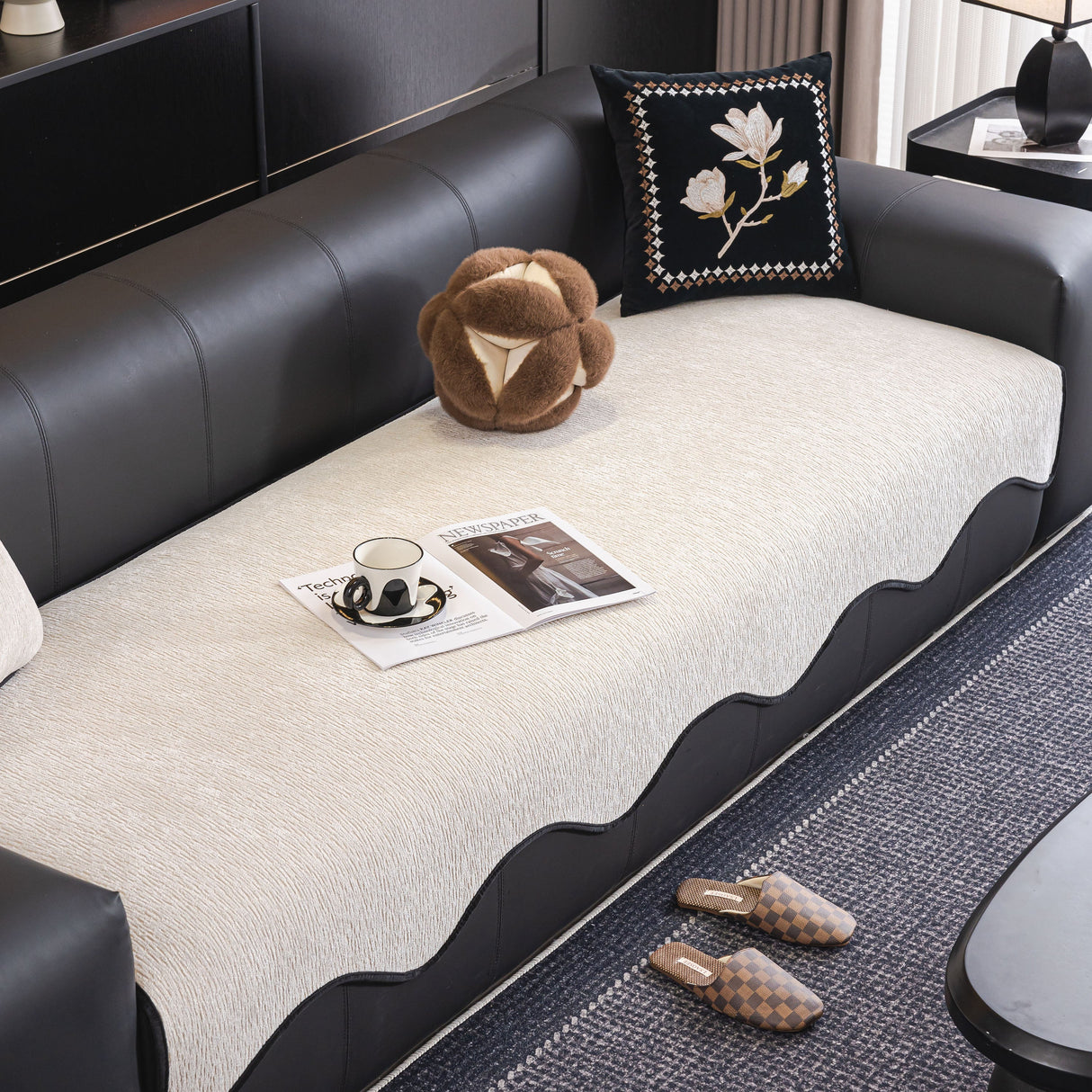 Chenille Couch Cover with Scalloped Edge, Non-Slip Modular Slipcover