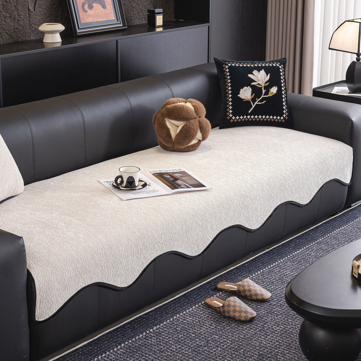 Chenille Couch Cover with Scalloped Edge, Non-Slip Modular Slipcover