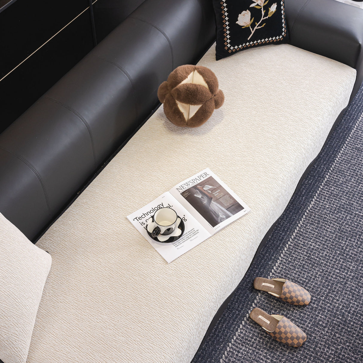 Chenille Couch Cover with Scalloped Edge, Non-Slip Modular Slipcover