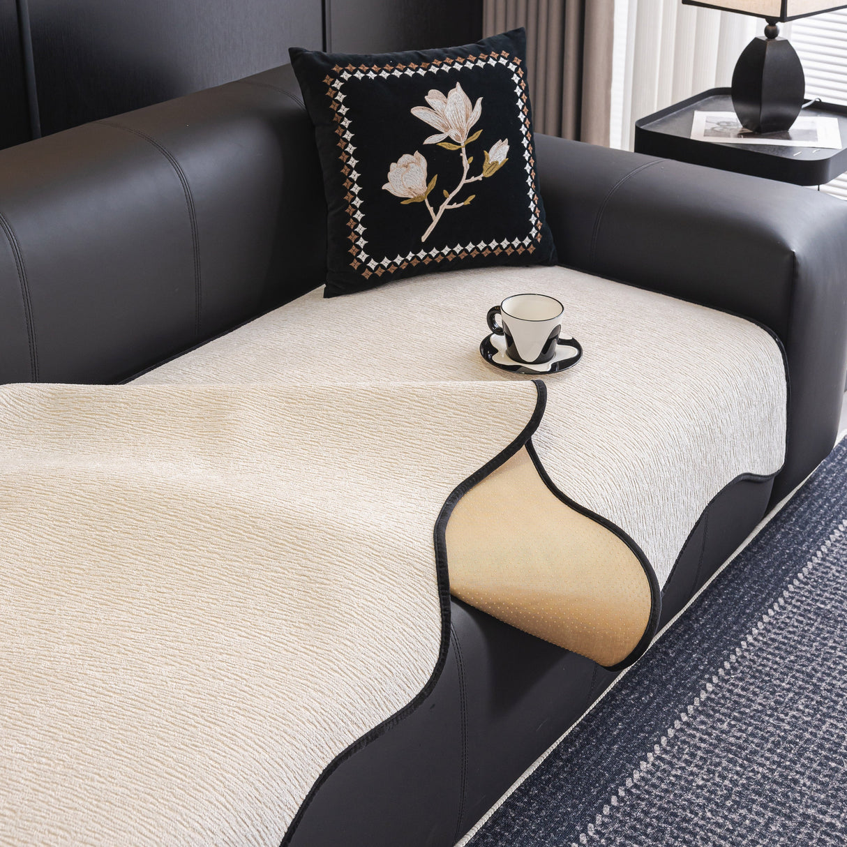 Chenille Couch Cover with Scalloped Edge, Non-Slip Modular Slipcover