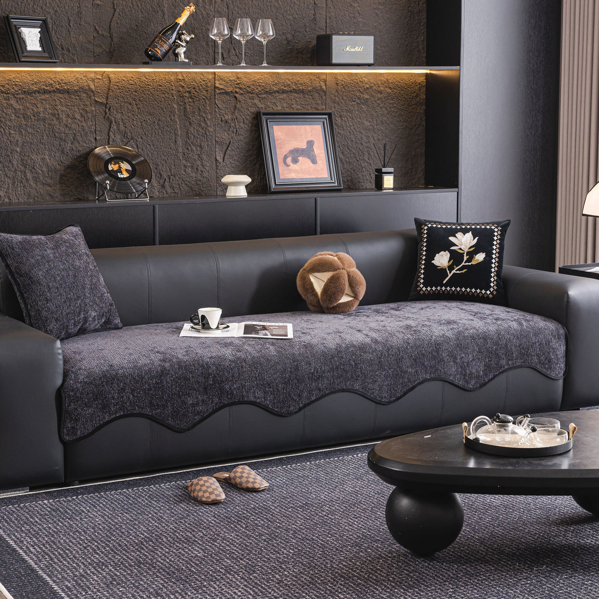 Chenille Couch Cover with Scalloped Edge, Non-Slip Modular Slipcover