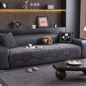 Chenille Couch Cover with Scalloped Edge, Non-Slip Modular Slipcover