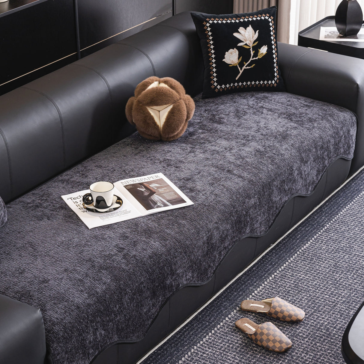 Chenille Couch Cover with Scalloped Edge, Non-Slip Modular Slipcover