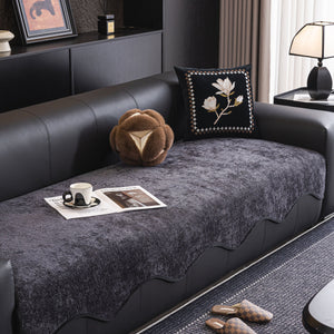 Chenille Couch Cover with Scalloped Edge, Non-Slip Modular Slipcover