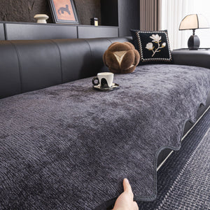 Chenille Couch Cover with Scalloped Edge, Non-Slip Modular Slipcover