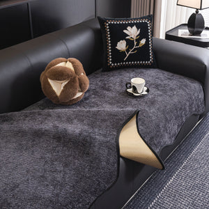 Chenille Couch Cover with Scalloped Edge, Non-Slip Modular Slipcover