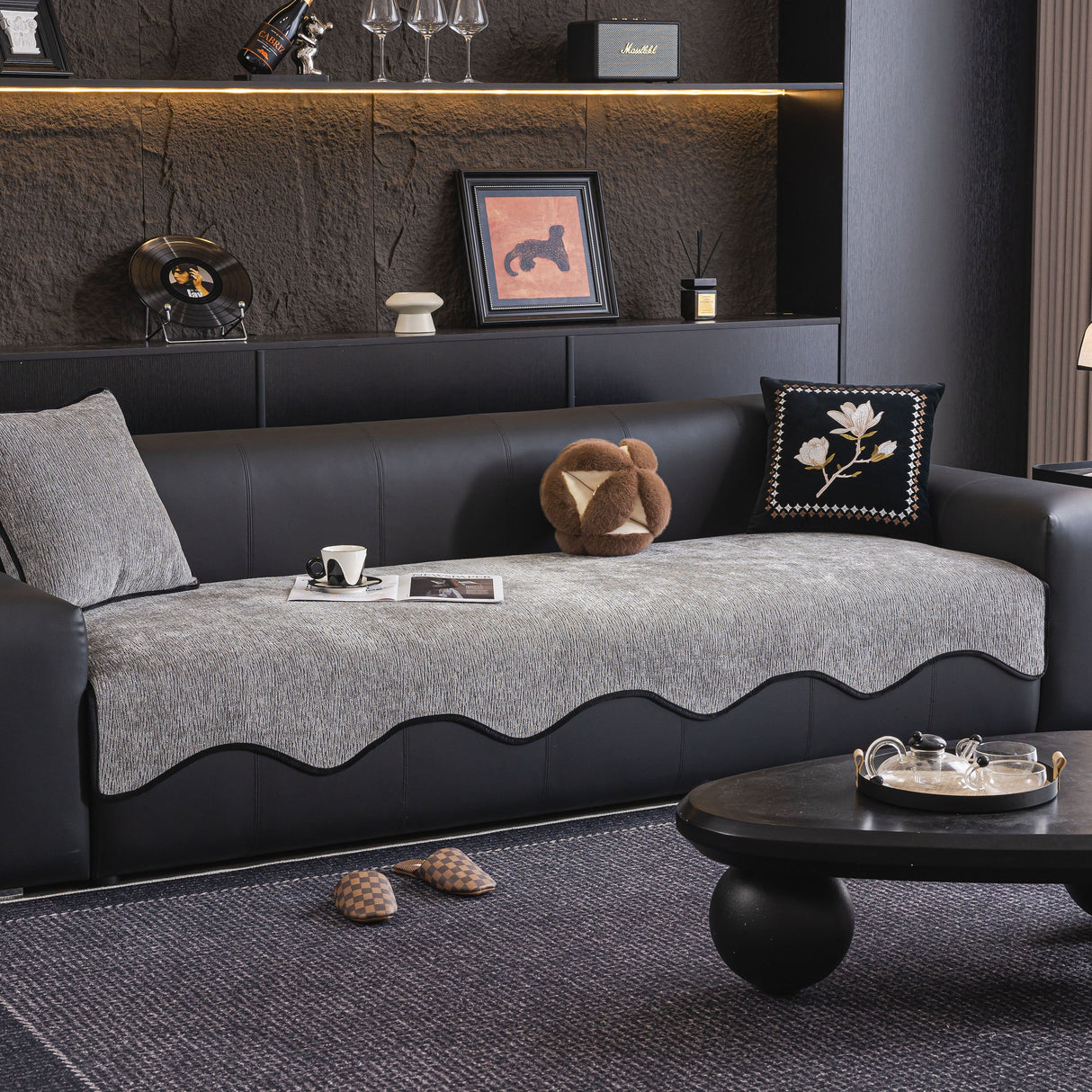 Chenille Couch Cover with Scalloped Edge, Non-Slip Modular Slipcover