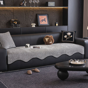 Chenille Couch Cover with Scalloped Edge, Non-Slip Modular Slipcover