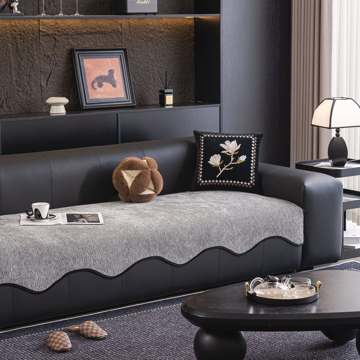 Chenille Couch Cover with Scalloped Edge, Non-Slip Modular Slipcover