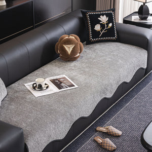Chenille Couch Cover with Scalloped Edge, Non-Slip Modular Slipcover