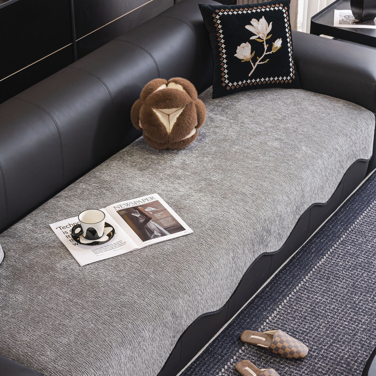 Chenille Couch Cover with Scalloped Edge, Non-Slip Modular Slipcover