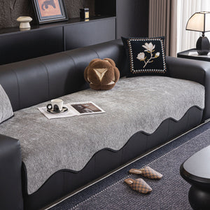 Chenille Couch Cover with Scalloped Edge, Non-Slip Modular Slipcover