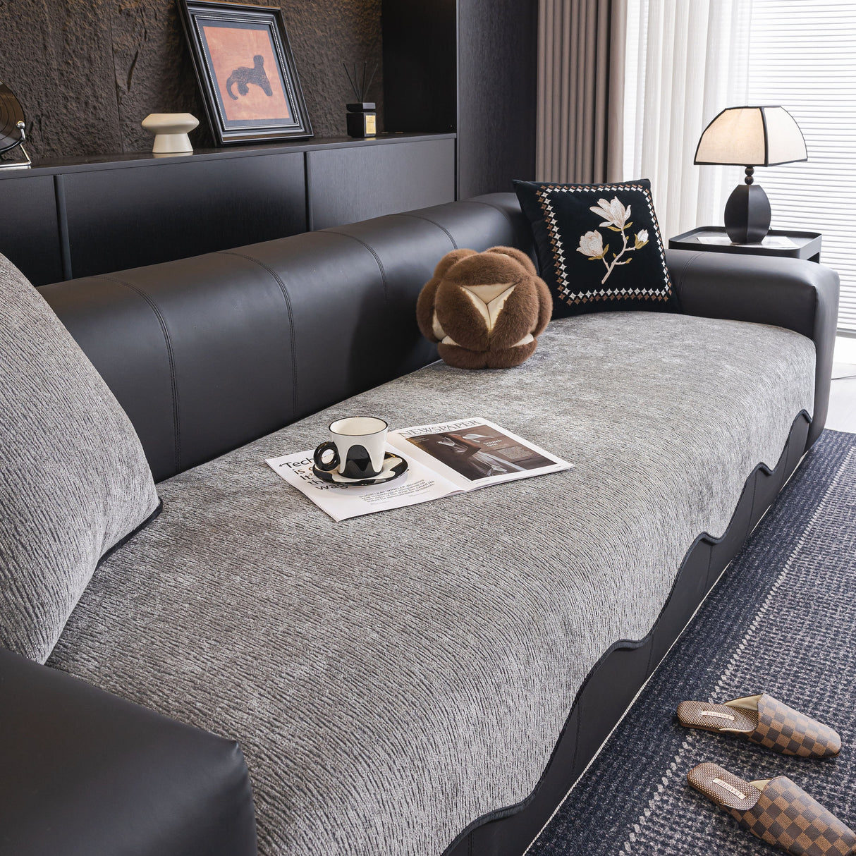 Chenille Couch Cover with Scalloped Edge, Non-Slip Modular Slipcover