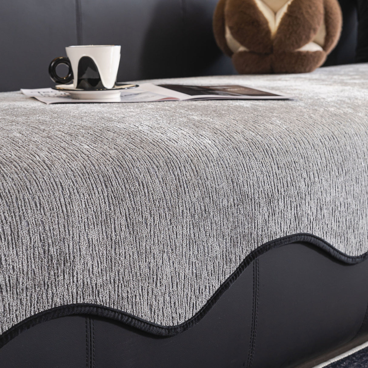 Chenille Couch Cover with Scalloped Edge, Non-Slip Modular Slipcover