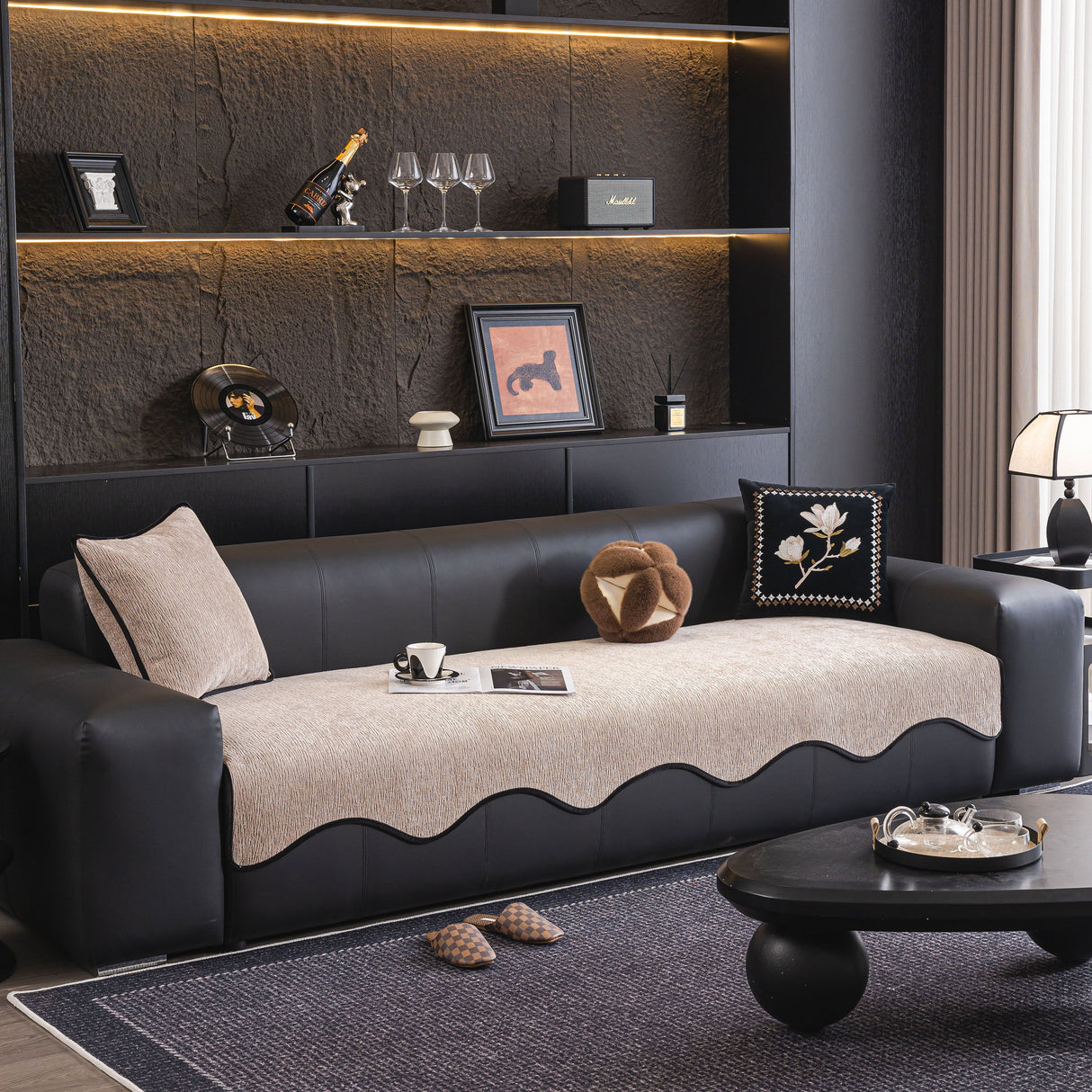 Chenille Couch Cover with Scalloped Edge, Non-Slip Modular Slipcover