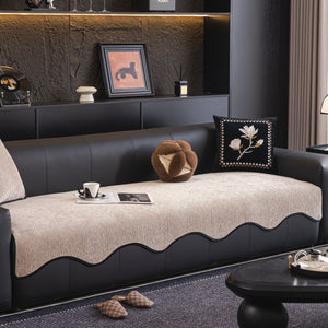 Chenille Couch Cover with Scalloped Edge, Non-Slip Modular Slipcover