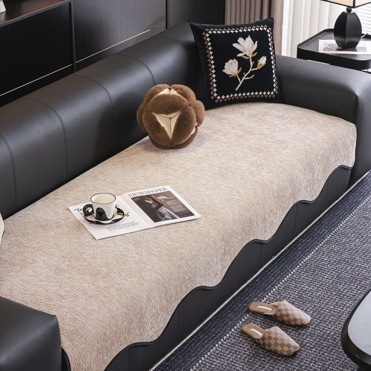 Chenille Couch Cover with Scalloped Edge, Non-Slip Modular Slipcover