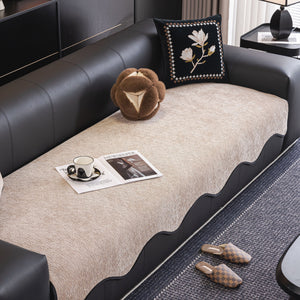Chenille Couch Cover with Scalloped Edge, Non-Slip Modular Slipcover