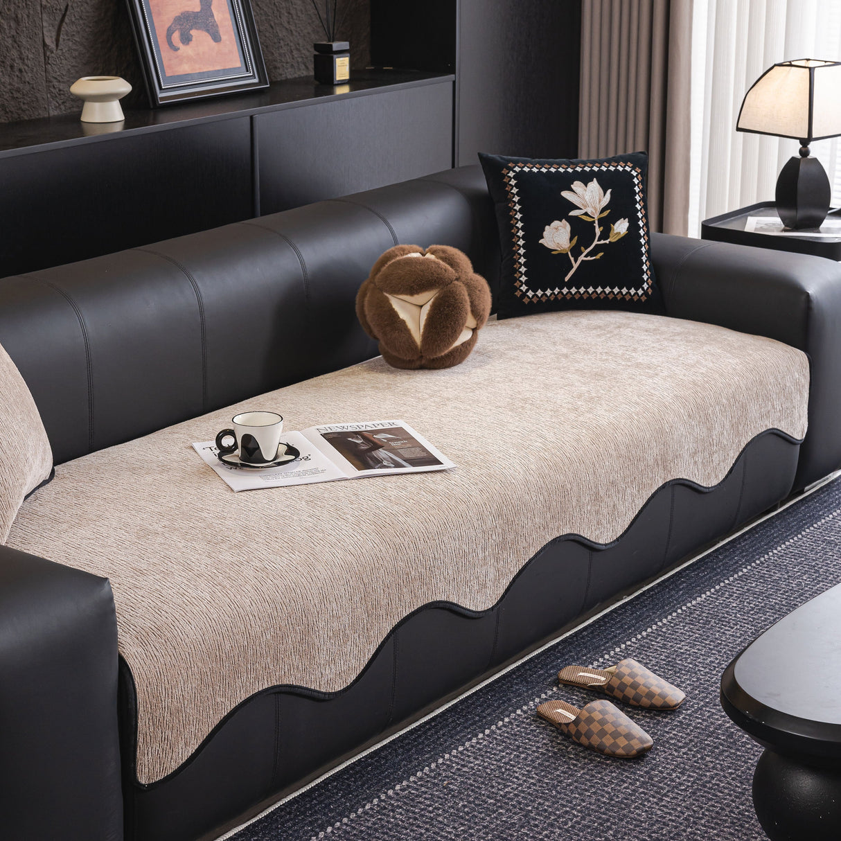 Chenille Couch Cover with Scalloped Edge, Non-Slip Modular Slipcover