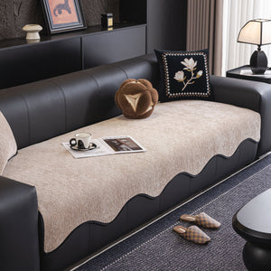 Chenille Couch Cover with Scalloped Edge, Non-Slip Modular Slipcover