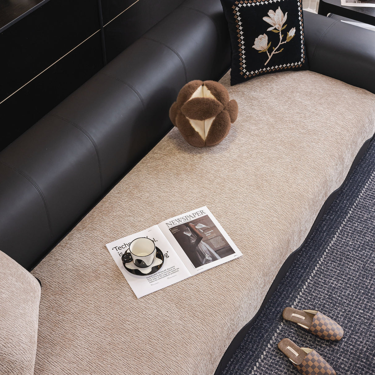Chenille Couch Cover with Scalloped Edge, Non-Slip Modular Slipcover